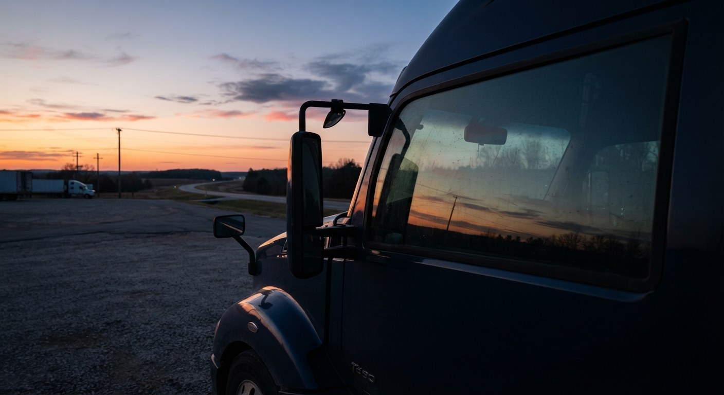 Interior of a truck cab at dusk